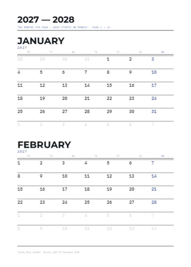 Calendar 2027-2028 — A5 portrait — 148×210mm · 12 p.