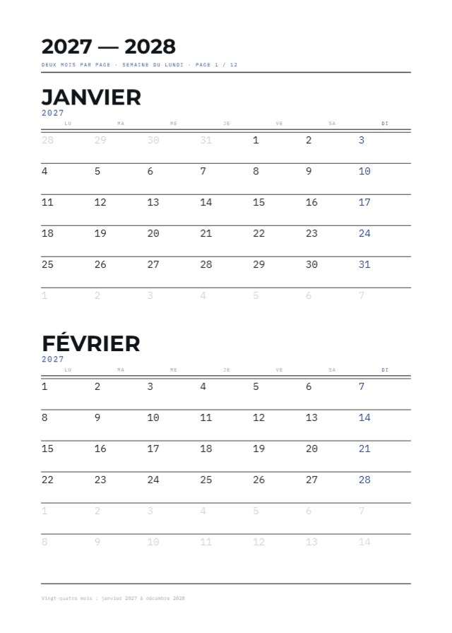 Calendrier 2027-2028 — A5 portrait — 148×210mm · 12 p.