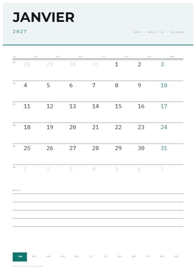 Calendrier 2027 — A4 portrait — 210×297mm · 12 p.